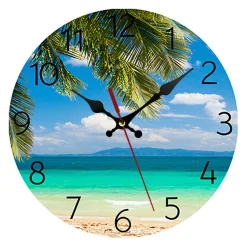 Deko 25 cm Moderne Palmiers Pendule Murale, Petit Plage Mer Silencieuse Bois Horloge pour la Cuisine/Chambre/Le Salon/Salle de Bain* Horloge