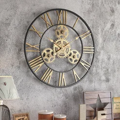 Deko 50 cm Noire Industrielle Bois Vintage Pendule Murale Steampunk Chiffres Romains pour Salon Bar Bureau* Horloge