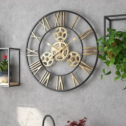 Deko 50 cm Noire Industrielle Bois Vintage Pendule Murale Steampunk Chiffres Romains pour Salon Bar Bureau* Horloge