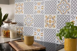 Sale D-C-Fix 6 dalles adhésive murales Wall Tiles Jamila effet carreaux de ciment jaune, gris, blanc L.15 x l.15cm