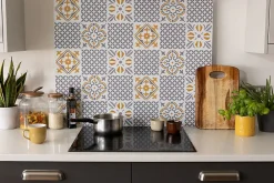 Sale D-C-Fix 6 dalles adhésive murales Wall Tiles Jamila effet carreaux de ciment jaune, gris, blanc L.15 x l.15cm