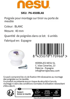 Nesu 6 Un. bouton poignées de meuble Vintage Retro bois laqué blanc lavande provence - diamètre 40MM* Bouton De Meuble