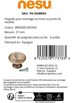 Nesu 6 Un. bouton poignées de meuble Vintage Retro métal bronze vieilli étoile mar - diamètre 37MM* Bouton De Meuble