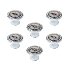 Nesu 6 Un. bouton poignées de meuble Vintage Retro métal argent patine blanc boussole - diamètre 37MM* Bouton De Meuble