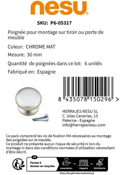 Nesu 6 Un. poignées de meuble chromé mat - diamètre 30MM