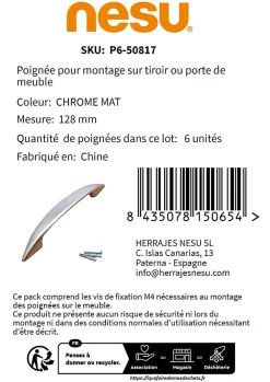 Nesu 6 Un. poignées de meuble chromé mat - entraxe 128MM