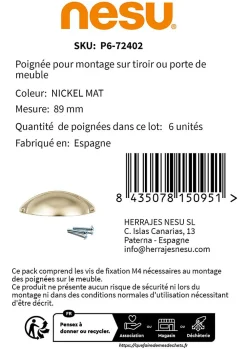 Outlet Nesu 6 Un. poignées de meuble coquille en nickel mat pour porte et cuisine - entraxe 32MM