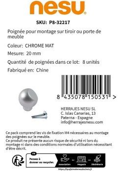 New Nesu 8 Un. poignées de meuble en chromé mat - diamètre 20MM
