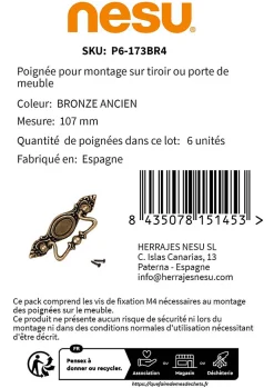 Sale Nesu 6 Un. poignées de meuble en bronze vieilli tiroir classique 107x38MM