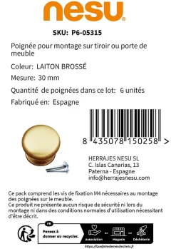 Nesu 6 Un. poignées de meuble en laiton brossé - diamètre 30MM* Bouton De Meuble