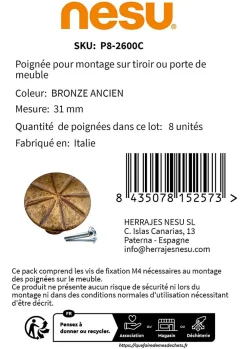 Nesu 8 Un. poignées de meuble en bronze vieilli pour tiroir - diamètre 31MMX21MM* Poignée De Meuble