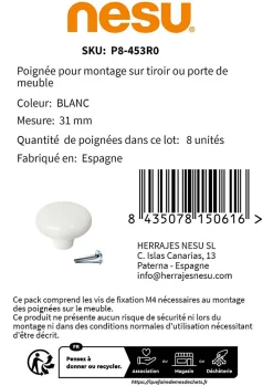 Discount Nesu 8 Un. poignées de meuble en porcelaine blanc - diamètre 31MM