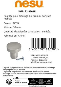 New Nesu 2 Un. poignées de meuble en acier inoxydable massif qualité AISI-304 - diamètre 30X28MM