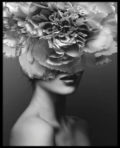 Sale Dada Art Affiche portrait femme chapeau de fleurs noir et blanc L.40 x H.50cm