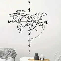 Deko Carte du Monde Stickers Muraux Boussole Nautique Autocollant Décoration Murale pour Salon Chambre Bureau* Sticker Et Adhésif Décoratif