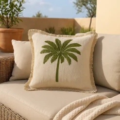 Outlet Ornami Coussin à frange broderie palmier beige, vert L.45 x l.45cm