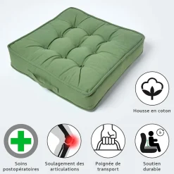 Homescapes Coussin d'assise rehausseur en coton vert foncé, 50 x 50 x 10 cm -* Coussin Pour Canapé