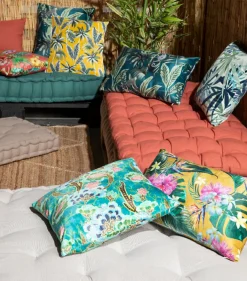 Clearance Deko & Co Coussin d'extérieur carré imperméable imprimé jungle jaune et vert L.45 x l.45cm Deco&co