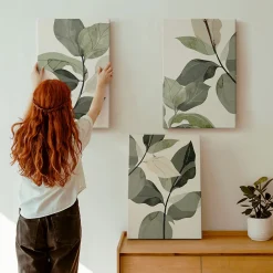 New Wallfluent Ensemble 3 Pièces Toile sur Châssis 40x60 cm Feuilles De Plantes Bohèmes Peintes Format Uniforme Rendu Élégant Chambre