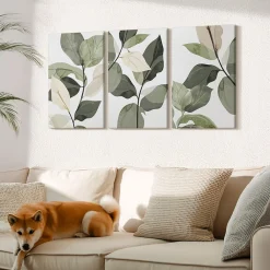 New Wallfluent Ensemble 3 Pièces Toile sur Châssis 40x60 cm Feuilles De Plantes Bohèmes Peintes Format Uniforme Rendu Élégant Chambre