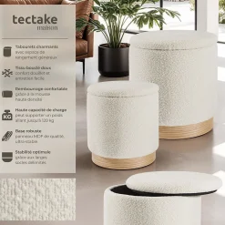 Tectake Ensemble de 2 poufs avec espace de rangement rond grand tabouret 38 x 42 cm, petit tabouret 32 x 34 cm* Pouf Et Poire