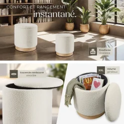 Tectake Ensemble de 2 poufs avec espace de rangement rond grand tabouret 38 x 42 cm, petit tabouret 32 x 34 cm* Pouf Et Poire