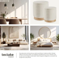 Tectake Ensemble de 2 poufs avec espace de rangement rond grand tabouret 38 x 42 cm, petit tabouret 32 x 34 cm* Pouf Et Poire