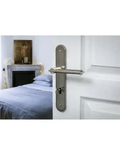 New Thirard Ensemble de poignées pour porte de chambre Gaia trou de clé, carré 7mm, entr'axes 195mm, nickelé brossé -