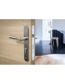 Thirard Ensemble de poignées pour porte d'entrée Helios trou de cylindre, carré 7mm, entr'axes 195mm, nickelé brossé -* Poignée Sur Plaque|Poignée De Porte Intérieure