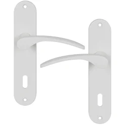 Clearance GoodHome Ensemble poignée sur plaque rond serrure Beare mat blanc L.110.5mm x l.40mm entraxe 165mm
