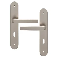 GoodHome Ensemble poignée sur plaque Incurvé serrure Primel effet nickel satin gris L.126mm x l.40mm entraxe 195mm* Poignée Sur Plaque|Poignée De Porte Intérieure