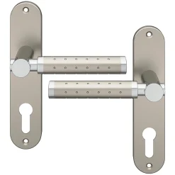 Clearance GoodHome Ensemble poignée sur plaque rondcylindre Brigg effet chrome et nickel satin gris L.132mm x l.40mm entraxe 165mm