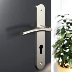 Sale GoodHome Ensemble poignée sur plaque rond cylindre Hirel effet nickel satin gris chromé L.128mm x l.40mm entraxe 195mm