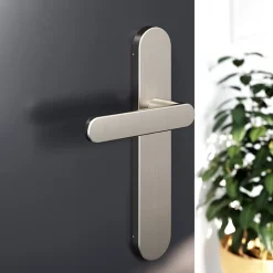 New GoodHome Ensemble poignée sur plaque rond Minzh effet nickel satin gris L.120mm x l.42mm entraxe 165-195mm