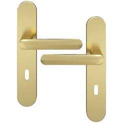 Hot GoodHome Ensemble poignée sur plaque rond serrure Garlan effet laiton satin doré L.125mm x l.42mm entraxe 165-195mm