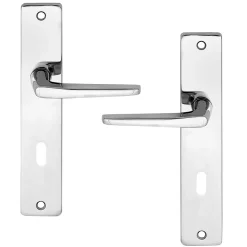 Clearance Ensemble poignée sur plaque rectangulaire serrure Colan effet chromé brillant gris L.106mm x l.39.8mm entraxe 195mm