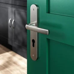 Outlet GoodHome Ensemble poignée sur plaque Incurvé cylindre Primel effet nickel satin gris L.126mm x l.40mm entraxe 195mm