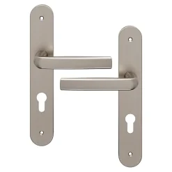 Outlet GoodHome Ensemble poignée sur plaque Incurvé cylindre Primel effet nickel satin gris L.126mm x l.40mm entraxe 195mm