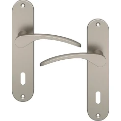 New GoodHome Ensemble poignée sur plaque rond serrure Beare effet nickel satin gris L.110.5mm x l.40mm entraxe 165mm