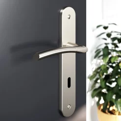 Hot GoodHome Ensemble poignée sur plaque rond serrure Hirel effet nickel satin gris L.128mm x l.40mm entraxe 195mm