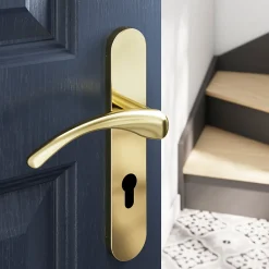 Clearance GoodHome Ensemble poignée sur plaque rondcylindre Ruis effet laiton doré L.138.5mm x l.42mm entraxe 165-195mm