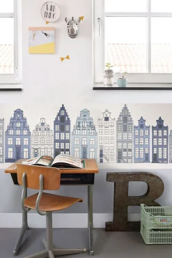 Estahome frise papier peint intissé XXL maisons bordant les canaux d'Amsterdam bleu - 430 x 50 cm - 157713* Frise Murale