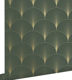 Sale Estahome papier peint art déco vert foncé et or - 53 cm x 10.05 m - 139584