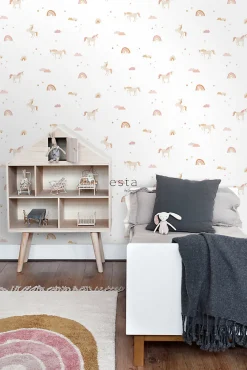 Best Estahome papier peint licornes beige, rose clair et jaune ocre - 50 x 900 cm - 139538