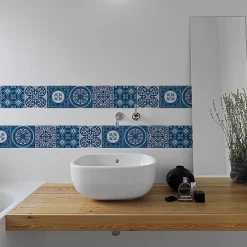 Clearance Plage Frise adhésive autocollante 15 cm X 300 cm, décorative, motif carreaux de ciment ancien, azulejos bleu, revêtement mural décoratif