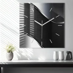 Wallfluent Horloge murale 60x60 cm Aiguilles blanches Lignes noires et argentées 1 pcs