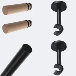 Boulet Kit de tringle à rideaux Noir Mat 150cm Diam.20mm Embout Cylindre Bois - Fixation Mur -* Kit De Barre De Rideau