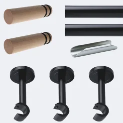 Boulet Kit de tringle à rideaux Noir Mat 300cm Diam.20mm Embout Cylindre Bois - Fixation Mur -* Kit De Barre De Rideau