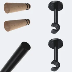 Boulet Kit de tringle à rideaux Noir Mat 200cm Diam.20mm Embout Cône Bois - Fixation Mur -