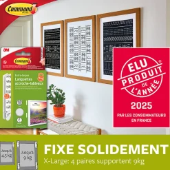 3M Command Languette adhésive accroche tableau blanc XL , 4 paires* Fixation Décoration Murale